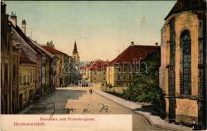 1907 Nagyszeben, Hermannstadt, Sibiu; Huetplatz und Fleischergasse / Huet tér, Mészáros utca, üzletek. G. A...