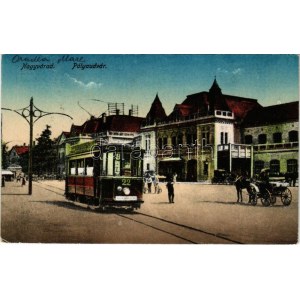 1922 Nagyvárad, Oradea; Pályaudvar, vasútállomás, villamos / railway station, tram (EK)