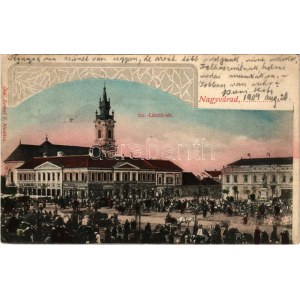 1904 Nagyvárad, Oradea; Szent László tér, piac, Általános takarékpénztár, Csarnok kávéház, Adria biztosító, Dell'Orto K...