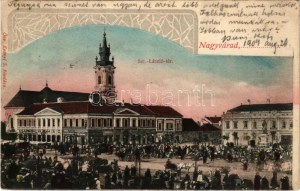 1904 Nagyvárad, Oradea; Szent László tér, piac, Általános takarékpénztár, Csarnok kávéház, Adria biztosító, Dell'Orto K...