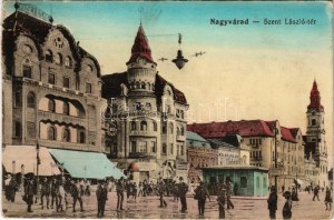1915 Nagyvárad, Oradea; Szent László tér, Vigadó mozgó (mozi), Fekete Sas szálloda és kávéház / square, cinema...