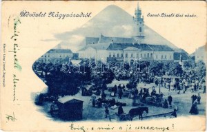 1899 Nagyvárad, Oradea; Szent László téri vásár, piac, Polgári takarékpénztár, Dell'Orto K. üzlete...