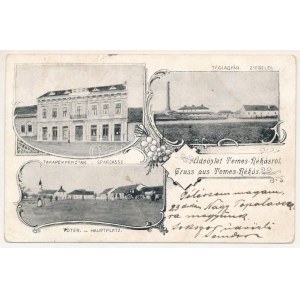 1900 Temesrékas, Temes-Rékás, Recas; Téglagyár, Takarékpénztár, Fő tér. Szecessziós-virágos keret / Ziegelei, Sparcasse...
