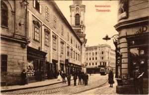 Temesvár, Timisoara; Szeminárium, villamos, Gresham kávéház, Tóth Béla üzlete és saját kiadása / seminary, tram, shops...