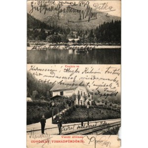Tusnádfürdő, Baile Tusnad; Csukás tó, vasútállomás. Dragomán S. I. cég kiadása / railway station, Lacul Ciucas (lake) ...