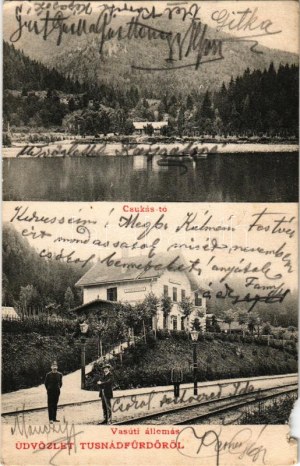 Tusnádfürdő, Baile Tusnad; Csukás tó, vasútállomás. Dragomán S. I. cég kiadása / railway station, Lacul Ciucas (lake) ...