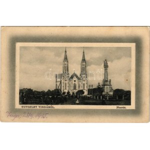 1915 Vinga, Piactér, Római katolikus templom, Szentháromság szobor. W.L. Bp. 5430. / market square, Catholic church...