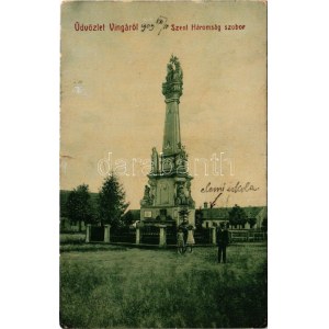 1909 Vinga, Szentháromság szobor, elemi iskola. W.L. Bp. 203. / Holy Trinity statue, elementary school (r...