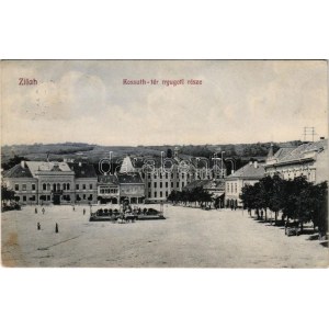 1913 Zilah, Zalau; Kossuth tér nyugati része, gyógyszertár, üzletek. Seres Samu kiadása / square, pharmacy, shops (fl...