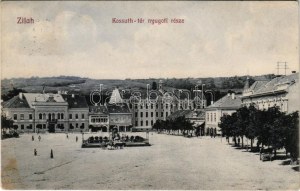 1913 Zilah, Zalau; Kossuth tér nyugati része, gyógyszertár, üzletek. Seres Samu kiadása / square, pharmacy, shops (fl...
