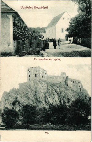 Beckó, Beczkó, Beckov; Evangélikus templom és paplak, vár. Fogyasztási szövetkezet kiadása / Lutheran church and parish...