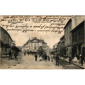 1909 Besztercebánya, Banská Bystrica; Bethlen Gábor utca, Hungária kávéház, üzletek / street view, café, shops (ázott ...