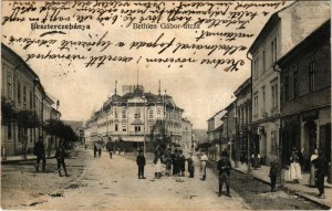 1909 Besztercebánya, Banská Bystrica; Bethlen Gábor utca, Hungária kávéház, üzletek / street view, café, shops (ázott ...