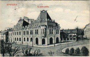 1908 Eperjes, Presov; Új posta palota. Felvétel és fénynyomat Divald K. fia műintézetéből / post office (fl...