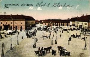 1927 Érsekújvár, Nové Zámky; Fő tér, üzletek, piac / main square, shops, market (Rb)