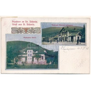 1917 Felsőszernye, Felső-Szrnye, Horné Srnie (Trencsén); Sv. Sidonie, Nádrazí Vlársky prusmyk, Nádrazní hotel / Szent...