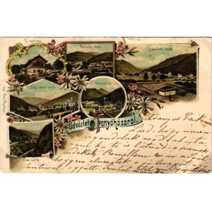 1897 Fenyőháza, Lubochna; Új szálloda, Ilka útról nézve, Csigaútról nézve, Középső rész, Alsó zsilip, Felső zsilip...
