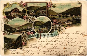 1897 Fenyőháza, Lubochna; Új szálloda, Ilka útról nézve, Csigaútról nézve, Középső rész, Alsó zsilip, Felső zsilip...