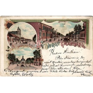 1900 Galánta, templom, kápolna, utca részlet. Szecessziós-virágos litho / church, chapel, street view. Art Nouveau...