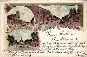 1900 Galánta, templom, kápolna, utca részlet. Szecessziós-virágos litho / church, chapel, street view. Art Nouveau...