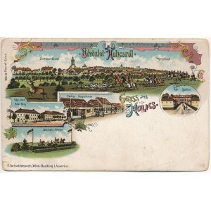 Holics, Holic; Szarvasvadászat, Régi piac, Lóverseny, Fő utca, vár, Malovány üzlete / deer hunting, old market square...
