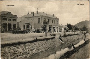 Homonna, Homenau, Humenné; Fő utca, gyógyszertár, Klein Dávid és fia üzlete. Hossza Gyula kiadása / main street...