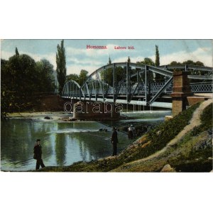 1914 Homonna, Humenné; Laborc híd, horgászó férfi, mosóasszonyok a folyó partján. Hossza Gyula kiadása / Laborec bridge...