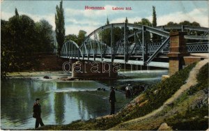 1914 Homonna, Humenné; Laborc híd, horgászó férfi, mosóasszonyok a folyó partján. Hossza Gyula kiadása / Laborec bridge...