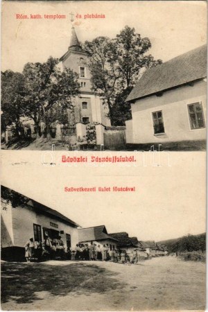 Jászóújfalu, Novácany (Kassa, Kosice); Római katolikus templom és plébánia, Fő utca, Szövetkezeti üzlet ...
