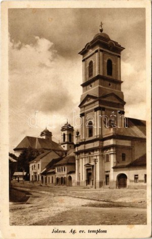 Jolsva, Jelsava; Evangélikus templom, üzlet. Hangya kiadása / Lutheran church, shop (EK)