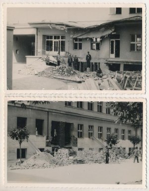 1941 Kassa, Kosice; 2 db RÉGI fotós képeslap: bombázás után 1941. június 26-án, a lebombázott posta épülete, romok ...