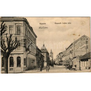1914 Kassa, Kosice; Kossuth Lajos utca, Holzer üzlete, Európa szálloda és kávéház / street view, shops, hotel and café ...