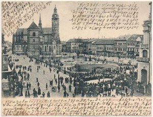1902 Kassa, Kosice; Szabadság tér, dóm, üzletek. titkosírással írva. 2-részes kihajtható panorámalap...