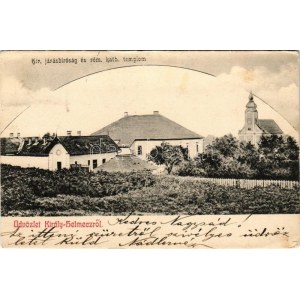 1907 Királyhelmec, Helmec, Kralovsky Chlumec; Kir. Járásbíróság és Római katolikus templom. Klein József kiadása ...