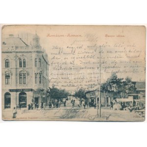 1901 Komárom, Komárno; Baross utca, Stettler Ignác üzlete, piac. Spitzer Sándor kiadása / street view, shops, market (r...