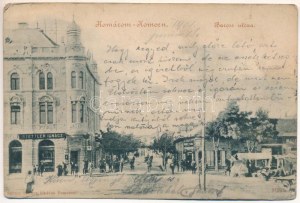 1901 Komárom, Komárno; Baross utca, Stettler Ignác üzlete, piac. Spitzer Sándor kiadása / street view, shops, market (r...