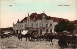 1908 Léva, Levice; Kossuth Lajos tér, Városháza, Popper Győző üzlete, piac / square, shops (EK...