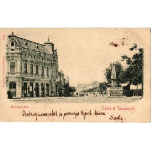 1899 Losonc, Lucenec; Kubinyi tér, Fogel Mátyás, Redlinger Ignác üzlete és saját kiadása / square, shops, monument (fl...