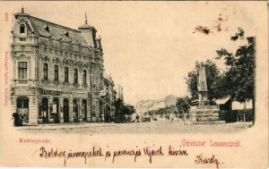 1899 Losonc, Lucenec; Kubinyi tér, Fogel Mátyás, Redlinger Ignác üzlete és saját kiadása / square, shops, monument (fl...