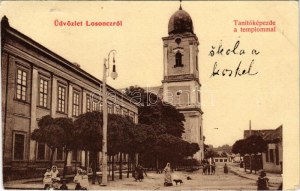 1908 Losonc, Lucenec; Tanítóképezde a templommal. Roth Simon kiadása / teachers' training institute, church (EK...