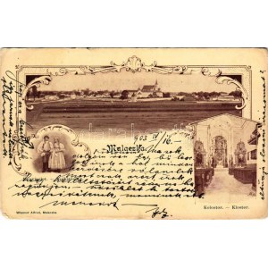1903 Malacka, Malacky; látkép, kolostor, népviselet. Wiesner Alfréd kiadása, szecessziós-virágos keret / general view...