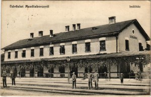 1914 Mezőlaborc, Medzilaborce; indóház, vasútállomás. Schön Sámuel kiadása / railway station (fl...