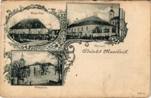 Muzsla, Muzla; Megyeháza, Plébánia, Templom. St. J. kiadása, szecessziós-virágos keret / county hall, parish, church...