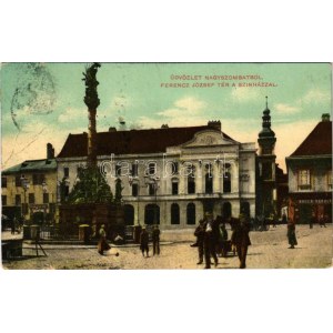 1909 Nagyszombat, Tyrnau, Trnava; Ferenc József tér a színházzal, Bauer Károly üzlete, piac, Szentháromság szobor. W.L...