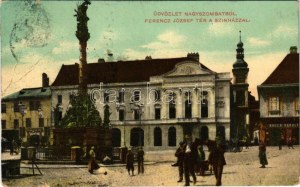 1909 Nagyszombat, Tyrnau, Trnava; Ferenc József tér a színházzal, Bauer Károly üzlete, piac, Szentháromság szobor. W.L...