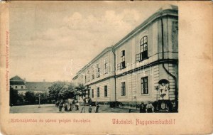 Nagyszombat, Tyrnau, Trnava; Katonai kórház és városi polgári fiúiskola. Horovitz Adolf kiadása / K.u.K...