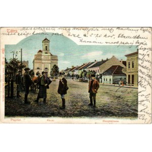 Poprád (Tátra, Magas-Tátra, Vysoké Tatry); Fő út, templom, üzletek. Feitzinger Ede 65. Auto-Chrom 1904/15. ...