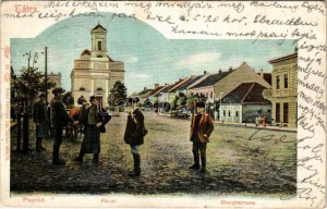 Poprád (Tátra, Magas-Tátra, Vysoké Tatry); Fő út, templom, üzletek. Feitzinger Ede 65. Auto-Chrom 1904/15. ...
