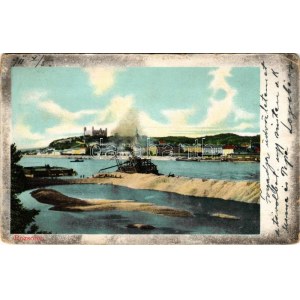 1911 Pozsony, Pressburg, Bratislava; látkép a várral, előtérben kotróhajó, uszoda / general view with castle and dredge...