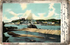 1911 Pozsony, Pressburg, Bratislava; látkép a várral, előtérben kotróhajó, uszoda / general view with castle and dredge...